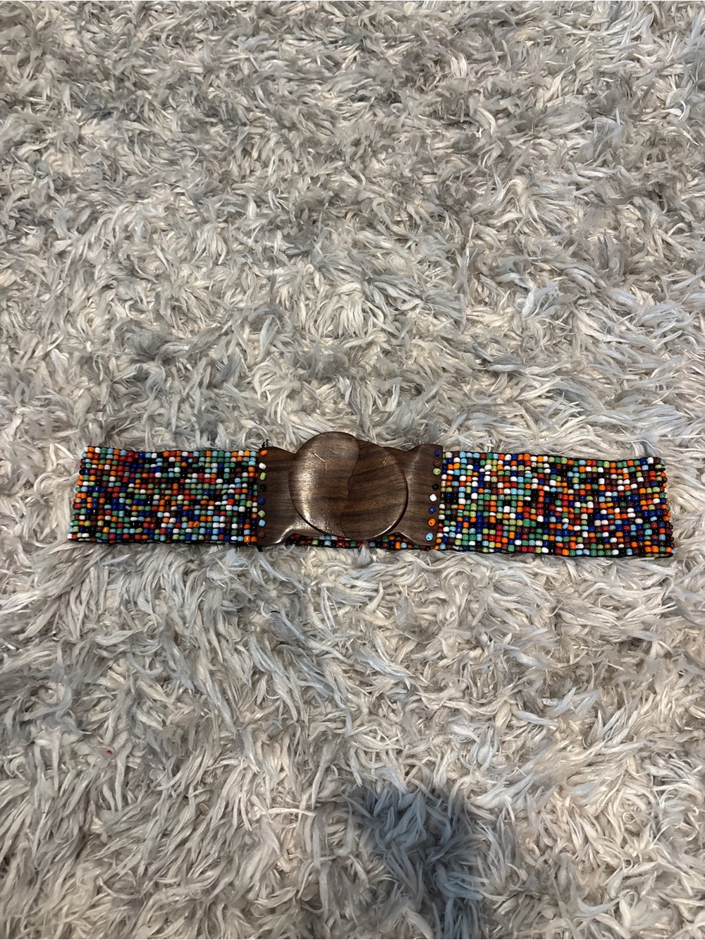 Y2K Vintage Boho Beaded Stretch Belt Multi Color Glass Beads Carved Wood Clasp